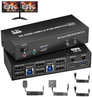 AUTYUE HDMI USB 3.0 KVM Switch 2 Monitors 2 Computers, 8K@60Hz 4K@120Hz Dual Monitor HDMI KVM with 3 USB 3.0 Ports, Share Keyboard Mouse Audio Microphone, EDID/HDCP Adaptive for Gaming/Office