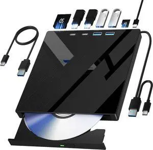 AUTYUE 7 in 1 External CD/DVD Drive for Laptop, Portable DVD Player for Laptop with 2 USB A & 2 USB C and SD/TF Port, External DVD Drive with USB 3.0/Type C, CD Drive USB for PC Windows Linux