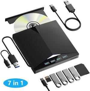 AUTYUE External CD/DVD Drive for Laptop, Portable 7 in 1 USB 3.0 CD ROM External Drive, CD Reader for PC with 4 USB Ports & TF/SD Card Slots, DVD Drive USB External for Windows 11/10/8/7/XP/Linux/Mac