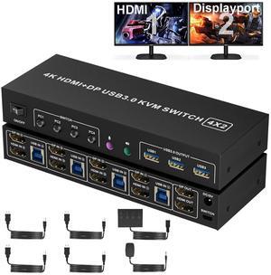 AUTYUE HDMI + DP KVM Switch 2 Monitors 4 Computers, Dual Monitor HDMI + Displayport USB 3.0 KVM Switches 4K@60Hz, KVM Switches Support Extended/Mirror Mode Share 3 USB 3.0 Port with Desktop Controller