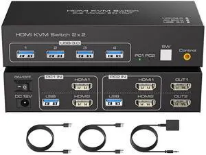 AUTYUE HDMI KVM Switch 2 Monitors 2 Computers 4K@60Hz HDMI Dual Monitor KVM Switches for Dual PC or Laptops Share 1 Set of Keyboard Mouse Printer Wired Controller and 12V 1A DC Adapter Included