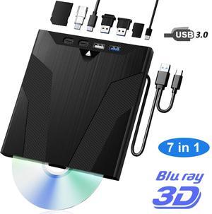 AUTYUE [7 in 1] USB 3.0 External Blu Ray Drive with USB A & USB C and SD/TF Slot Ports, Portable Blu ray Player for PC Laptop 3D BD Disc Reader CD DVD -/+RW Burner Compatible with Windows Linux Mac OS