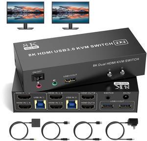 AUTYUE HDMI KVM Switch 2 Monitors 2 Computers Support 8K@60Hz 4K@60Hz, Dual Monitor KVM Switcher PC Extended Display for 2 Ports PC Share 4 USB 3.0 Keyboard Mouse Printer with Desktop Controller