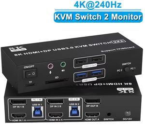 AUTYUE HDMI + Displayport Dual Monitor KVM Switch 2 Monitors 2 Computers Support 8K@60Hz 4K@120Hz KVM Switcher for 2 Computers Share 2 Monitors & 4 USB Devices, with Audio Microphone, SD TF Card Solts
