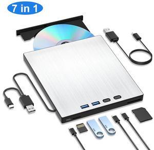 AUTYUE External CD/DVD Drive, 7 in 1 Portable USB DVD Drive External with 2 USB A+2 Type C Ports, TF/SD Card Slots CD Drive for Laptop, CD Reader for PC Compatible with Windows XP/11/10/8/7 Linux Mac