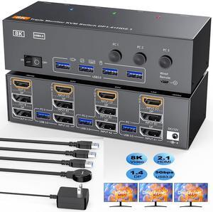 AUTYUE 8K/4K KVM Switch 3 Monitors 3 Computers 2 Displayport 1.4 + HDMI 2.1 Triple Monitor USB 3.0 KVM Switches, DP 1.4 Supports 8K@30Hz/4K@144Hz, HDMI Supports 8K@60Hz /4K@120Hz with Wired Remote