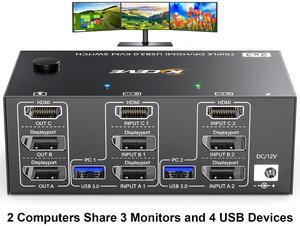 AUTYUE Triple Monitor KVM Switch 3 Monitors 2 Computers 8K@60Hz 4K@144Hz, HDMI + 2 Displayport USB 3.0 KVM Switches for 2 Computers Share 3 Monitors and 4 USB 3.0 Device,with Wired Remote, USB Cables