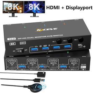 AUTYUE KVM Switch 2 Monitors 3 Computers Displayport and HDMI Support 4K@144Hz,8K@60Hz Dual Monitor USB 3.0 Switcher with 4 USB 3.0 Ports for Keyboard,Mouse Wired Remote, Adapter & USB Cables Included