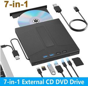 AUTYUE External CD/DVD Drive, 7 in 1 External USB DVD Drive with 2 USB A + 2 Type C and TF/SD Card Slots CD Optical Drive for Laptop, CD Reader for PC Compatible with Windows XP/11/10/8/7 Linux Mac OS