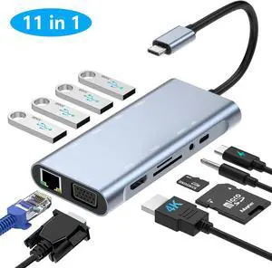 AUTYUE 11-in-1 USB C Hub with PD 100W, 4K HDMI, VGA, Ethernet, 1 x USB 3.0, 3 x USB 2.0, SD/TF Card Reader, 3.5 mm Aux Ports for i-Phone 16/15, MacBook, i-Pad, Sam-sung, Mac, Surface, Dell, Laptops