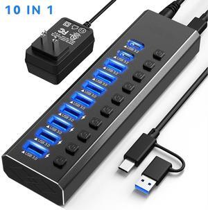 AUTYUE Powered USB Hub 3.2, 10-Port USB 3.2/USB C Hub (10Gbps USB-A 3.2 +2 USB-C 3.2 +7 USB 3.0 Ports) with Individual On/Off Switches and 12 V Power Adapter, Aluminium USB Hub Powered for Laptop PC