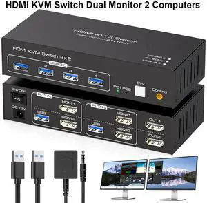 AUTYUE HDMI KVM Switch Dual Monitor 2 Computers Support 4K@60Hz USB 3.0 KVM Switches Share Dual Monitors and 4 USB 3.0 Ports Support Extended/Copy Mode with DC 12V Adapter & Wired Controller