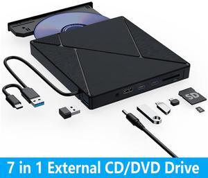 AUTYUE 7 in 1 External CD DVD Drive, USB 3.0 Type C Optical Disc Drive, 4 USB Ports and 2 TF/SD Card Slots, CD DVD Burner Writer Reader Player for Laptop Desktop PC Windows 11/10/8/7/XP Linux Mac OS