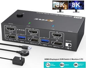 AUTYUE HDMI + Displayport KVM Switch 2 Monitors 2 Computers 8K@60Hz 4K@144Hz, Dual Monitor KVM Switches with 4 USB 3.0 Ports for Keyboard Mouse Printer, Wired Remote, Power Adapter, USB Cable Included