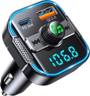 AUTYUE Upgrade Bluetooth 5.3 Car Adapter [PD 36W+QC3.0 18W], 2-in-1 FM Transmitter  [Dual Stronger Mics] & Fast Car Charger, Wireless FM Radio Adapter Hands-Free Call, Siri Assistant