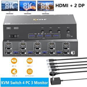 AUTYUE HDMI + 2 DisplayPort KVM Switch 3 Monitors 4 Computers, USB 3.0 2 DP + HDMI 8K@30Hz/4K@144Hz Triple Monitors KVM Switcher for 4 PCs Share 3 Display and 4 USB 3.0 Devices, Wired Remote included