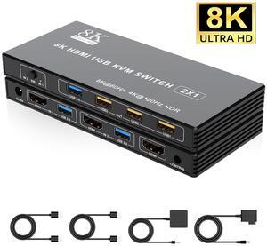 AUTYUE USB 3.0 HDMI KVM Switch 1 Monitor 2 Computers, Support 8K@60Hz 4K@120Hz, HDMI KVM Switches for 2 Computers Sharing Monitor Keyboard Mouse Printer, with EDID Adaptive, 2 USB Cable & Controller