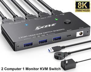 AUTYUE HDMI 2.1 KVM Switch 8K@60Hz 4K@120Hz, 2 Port HDMI KVM Switch for 2 Computers Share 1 Monitor and 3 USB 3.0 Devices, HDCP 2.3, HDR 10, with Wired Remote and USB 3.0 Cables