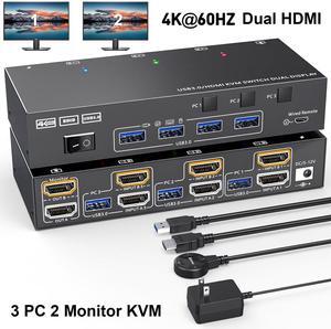 AUTYUE HDMI KVM Switch 2 Monitors 3 Computers, 4K@60Hz/2K@120Hz Dual Monitor HDMI KVM Switches 3 in 2 Out for 3 PCs share 2 Monitors and 4 USB 3.0 Devices, Wired Remote & Power Adapter Included