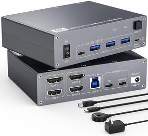 AUTYUE USB C KVM Switch 4K@60Hz, Dual Monitor USB C HDMI KVM Switch for 1 PC and 1 Laptop Sharing 2 Monitors and 4 USB3.0 Devices, PD Power for Laptop with Wired Remote Control and USB Cables Included