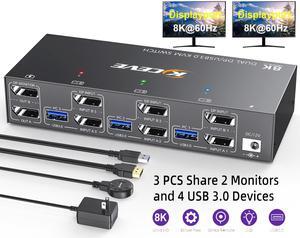 AUTYUE DisplayPort KVM Switch 2 Monitors 3 Computers,  8K@60Hz 4K@144Hz Dual Monitor DP KVM Switches for 4PC Share 2 Monitors and 4 USB3.0 Devices with Wired Remote DP/USB Cables and 12V Power Adapter