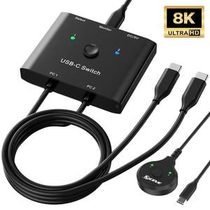 AUTYUE USB C Switch, Bi-Directional USB C Switcher 2 Computers, Type C KVM Switch 8K@60Hz 4K@120Hz Video/10Gbps Data Transfer/100W Charging, Compatible with Thunderbolt Device, 2 USB-C Cables Included