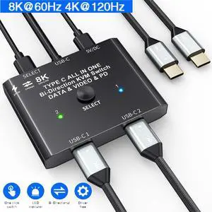 AUTYUE USB C Switch 2 in 1 Out/1 in 2 Out Bi-Directional USB C Switcher Selector for 2 Laptops Share 1 USB Device, 8K@60Hz/10Gbps Data Transfer and 100W PD Charging, Wired Control and 2 USB C Cables