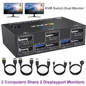 AUTYUE Displayport KVM Switch 2 Monitors 2 Computers 8K@30Hz 4K@144Hz, 2 in 2 Out Displayport KVM Switch Dual Monitor for 2 Computer Share 2 Monitor and 4 USB 3.0 Devices, with Wired Remote, USB Cable