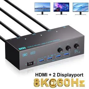 AUTYUE KVM Switch, 8K@60Hz HDMI + 2 DP KVM Switches 3 Monitors 3 PCs with 4 USB 3.0 Ports, KVM Switch for 3 PCs Share 3 Monitors Keyboard Mouse Printer with 3 USB Cables, Power Adapter, Controller