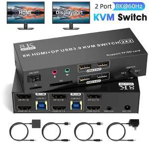 AUTYUE HDMI + Displayport KVM Switch 2 Monitors 2 Computers 8K@60Hz 4K@60Hz, Dual Monitor Switch for 2 Computers,Support Extended/Mirror Mode SD/TF Card,4 USB 3.0 Port for Keyboard Mouse, Wired Remote