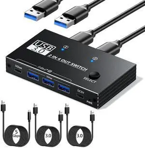 AUTYUE 2 in 4 Out USB Switcher 2 Computers Sharing 4 Port Devices, 5Gbps USB 3.0 Switch, Plug and Play, Aluminum USB3.0 Switch Selector 2 PCs Share Keyboard Mouse Printer Scanner with One Button
