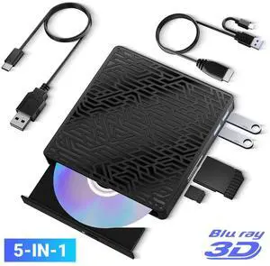 AUTYUE 5 in 1 External Blu Ray Drive, External Blu Ray CD DVD Drive, USB 3.0 Type C Portable Blu Ray Burner for PC with TF SD Port, USB CD External Drive Compatible with Windows 7/8/10/11/XP Mac OS