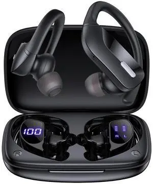 AUTYUE Wireless Ear Hook Sport Earbuds, Bluetooth Headphones with Mic, IPX5 Waterproof, True Wireless Earbuds, 80H Playtime, Deep Bass, Secure Fit for Running Gym Workout - Black