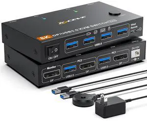 AUTYUE KVM Switch 2 Computer 1 Monitor Displayport 4K@240Hz 8K@60Hz, USB 3.0 KVM Switch Displayport 2.1 for 2 PC Share 4 USB3.0 Devices Keyboard Mouse, with USB 3.0 Cable,Wired Remote and Power Supply