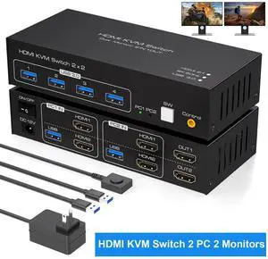 AUTYUE 8K@60Hz HDMI KVM Switch 2 Monitors 2 Computers, 4K@120Hz HDMI KVM Switches for 2 Computers Sharing Dual Monitors and 4 USB 3.0 Devices Support Copy and Extend with Wire Controller