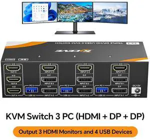 AUTYUE USB 3.0 HDMI + 2 Displayport KVM Switch 3 Monitors 3 Computers, Triple Monitor HDMI KVM Switch 8K@60Hz 4K@144Hz for 3 Computers Share Mouse Keyboard, Wired Remote and Power Adapter