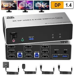 AUTYUE 8K@60Hz Displayport KVM Switch 3 Monitors 2 Computers 4K@144Hz, Triple Monitor DP KVM Switch for 2 Computer Share 3 Monitor, Audio Mic Port and 3 USB3.0 Devices, Wired Remote & 5V Power Adapter