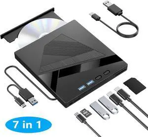 AUTYUE External DVD Drive, 7-in-1 External CD/DVD Drive for Laptop, USB DVD Burner with SD/TF Port, USB 3.0&Type-C CD ROM External Drive for Laptop Desktop PC Windows XP/7/8/10 Linux MacOS