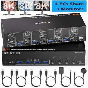 AUTYUE KVM Switch 3 Monitors 4 Computers 8K@60Hz 4K@144Hz, HDMI + 2 Displayport Triple Monitor KVM Switch with 4 USB Ports for Keyboard Mouse,Support Extended/Copy Mode, with Wired Remote & USB Cables
