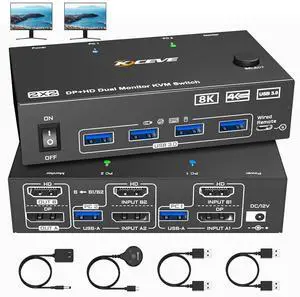 AUTYUE 2 Port HDMI Displayport KVM Switch 2 Monitors 2 Computers, 4K@144Hz 8K@60Hz Dual Monitor KVM Switch for 2 PC Share 2 Screens & 4 USB3.0 Devices, Wired Remote, Power Adapter & USB Cable Included