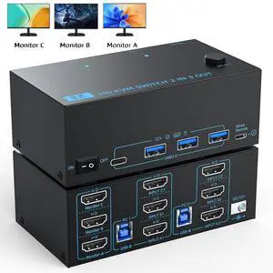 AUTYUE 8K HDMI KVM Switch 3 Monitors 2 Computers 3 Port HDMI Dual PC Triple Monitor 2 PC 8K@60Hz/4K@120Hz 2 in 3 Out USB 3.0 KVM Switches, Wired Remote & USB 3.0 Cables & Power Cable Included