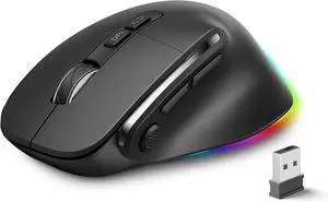 AUTYUE Ergonomic Rechargeable Mouse with Jiggler, Bluetooth + 2.4G Wireless + Wired (3 in 1) Connection, Max 4800DPI, Rapid Fire Key, 5ft Charging Cable, Carpal Tunnel Silent Mice with LED for Office