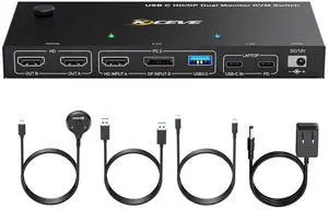 AUTYUE USB C HDMI Displayport KVM Switch for 1 Desktop + 1 Laptop 2 Monitors, Dual Monitor KVM Switch, USB 3.0 MST Dual HDMI 4K@60Hz, Support PD with USB C Cable, Wired Controller and Power Adapter