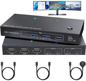 AUTYUE USB C KVM Switch 3 Monitors 2 PCs 4K/1080P@60Hz,USB-C Triple Monitor KVM Switches with 4 USB3.2 Port for USB Device,10Gbps,80W PD Charging,For Windows and Mac OS,Driver Installation is Required