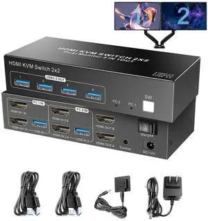 AUTYUE Dual Monitor HDMI KVM Switch, 2 Computers 4K@60Hz Dual Monitor KVM Switches for Dual PC or Laptops, 4 USB 3.0 Ports Support Extended/Copy Mode with DC 12V Adapter & Wired Controller