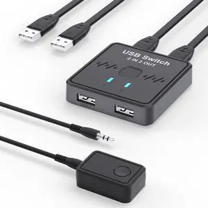 AUTYUE USB Switch 2 in 2 Out, USB Switcher 2 Computers Sharing Keyboard and Mouse Printer Scanner Webcam, Printer Splitter for 2 Computers, 2 Port USB Selector with 2 USB Cables & External Controller