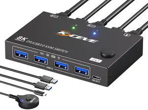 AUTYUE Displayport KVM Switch 1 Monitors 2 Computers 8K@30Hz 4K@144Hz, USB 3.0 DP KVM Switches for 2 Computers Sharing Single Monitor and Keyboard Mouse Printer, Wired Remote and 2 USB Cables Included