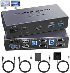 AUTYUE 8K@60Hz HDMI KVM Switch 2 Monitors 2 Computers, with 4 USB 3.0 Ports (3 USB-A+1 USB-C) for 2 Computers Sharing 2 Monitors Keyboard Mouse Printer with 2 USB Cables, Power Adapter & Controller