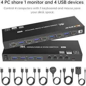 HDMI KVM Switch 4 Computers 1 Monitors 4K@60Hz 2K@120Hz, 4 Port HDMI KVM Switches with Simulation EDID for 4 PCs Sharing Monitor Keyboard Mouse Hard Drives Printer Wired Remote, Power Adapter Included