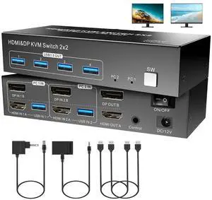 AUTYUE Dual Monitor HDMI + Displayport KVM Switch, 2 Computers 4K@60Hz Dual Monitor KVM Switches for Dual PC or Laptops,4 USB 3.0 Ports Support Extended/Copy Mode with DC 12V Adapter&Wired Controller